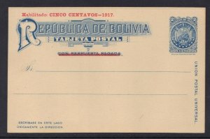 BOLIVIA 1917 5¢ REVALUED 2 CENT POSTAL CARD IN RED RARE