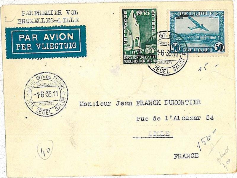 FIRST FLIGHT cover: MULLER #184 - BELGIUM :  BRUXELLES - LILLE  1935 