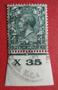 SG424 George V 1924-26 Harrison 4d Grey Green Imperf Control X35 Used