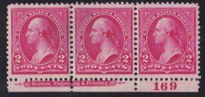 US 266 2c Washington Mint Plate #169 Strip of 3 VF OG NH SCV $375