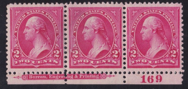 US 266 2c Washington Mint Plate #169 Strip of 3 VF OG NH SCV $375