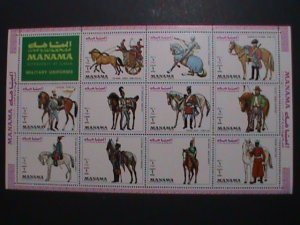 MANAMA-MILITARY UNIFORMS ON HORSE SOLIDERS  MNH FULL SHEET VERY FINE EST. $12