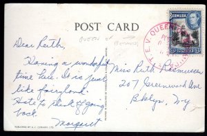 BERMUDA 1938 POSTED ON THE HIGH SEAS T.E.V. QUEEN OF BERMUDA RED POST MARK ON PC