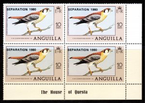 Anguilla 1980 Sc#407 AMERICAN SPARROW HAWK ovpt.Separation Block of 4 MNH