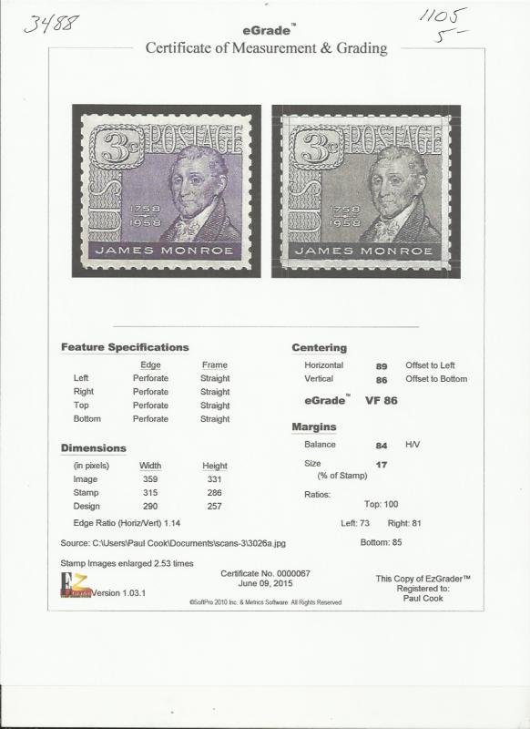 # 1105 MINT NEVER HINGED JAMES MONROE     VF+