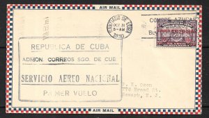 CUBA 1930 First Flight Cover Santiago to Havana Cachet Backstamped