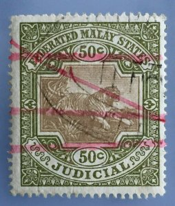 FEDERATED MALAY STATES FMS JUDICIAL TIGER 1900 50c Wmk CC USED ISC#FJ22a M3372D