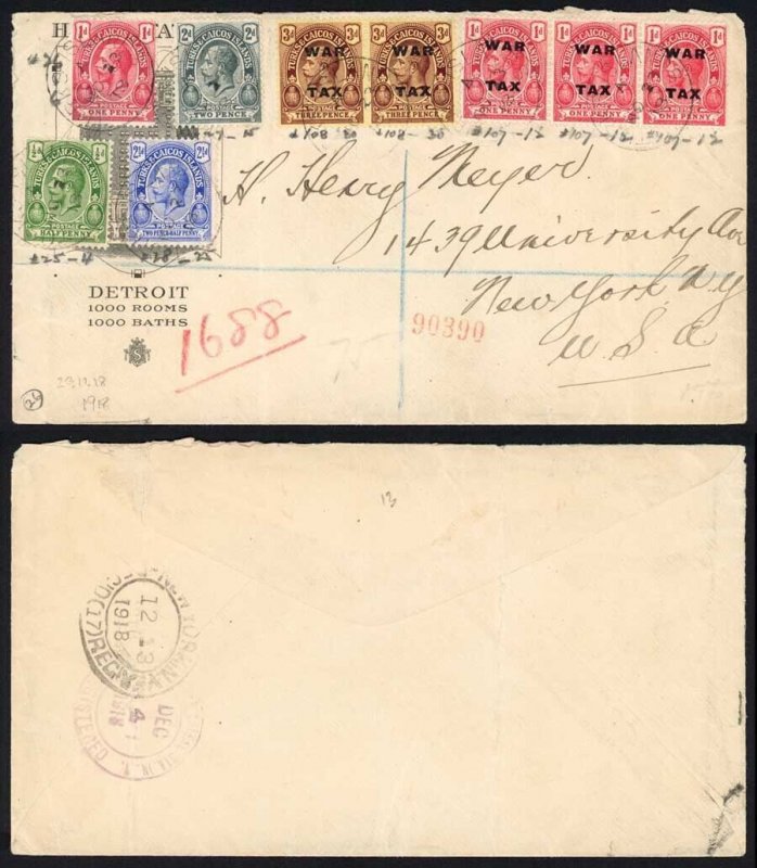 Turks and Caicos KGV War Tax Cover with 9 Stamps