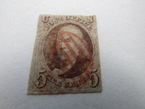 US Stamps, Scott #1 Used-Hinge, 2 margins, 1847 1c Franklin, Red Grid cancel,