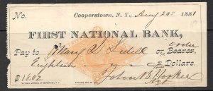 US 1879 2c Liberty Revenue Paper First National Bank Cooperstown NY RN-G1