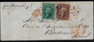 Scott #68 & 76 - $325.00 – Fine – Petite cover to France.  Showpiece!