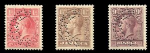 Jamaica #103-105S Cat$145, 1929-32 George V, set of three, perforated Specime...