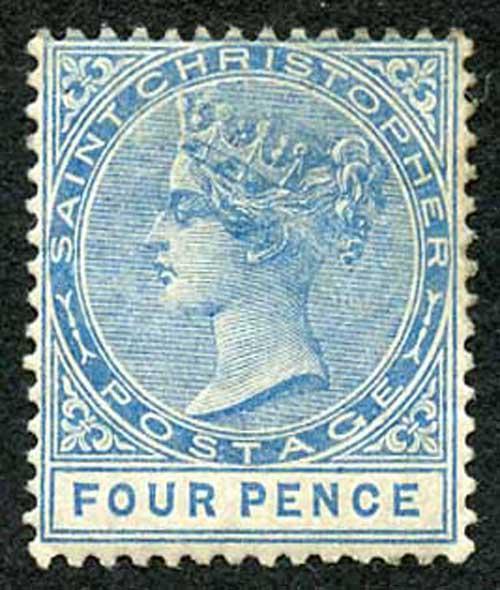 St Kitts-Nevis SG17 4d Blue Wmk Crown CA M/Mint