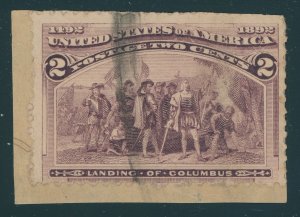 US 231 2 cent Columbian Exposition Issue; Used; On piece; broken frame line