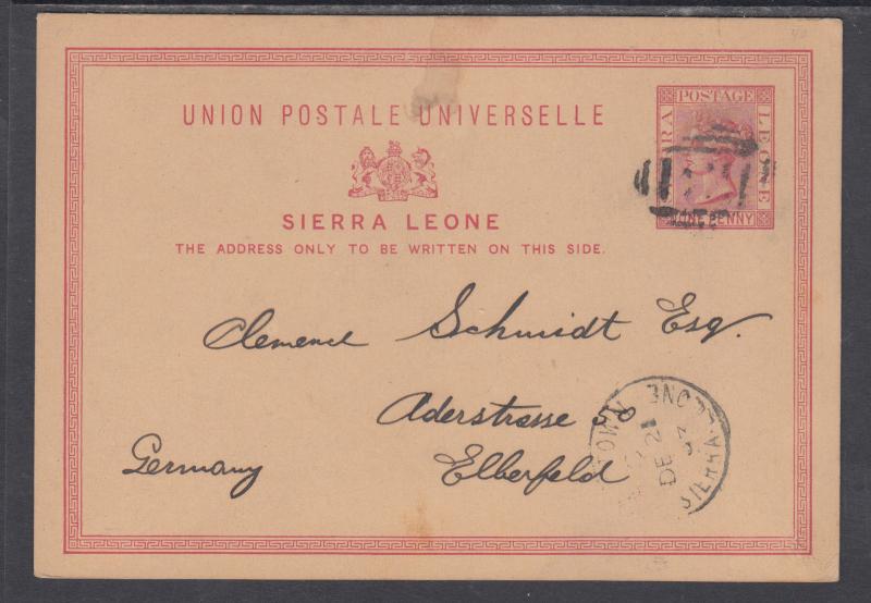 Sierra Leone H&G 1 used 1881 1p Queen Victoria Postal Card to Germany