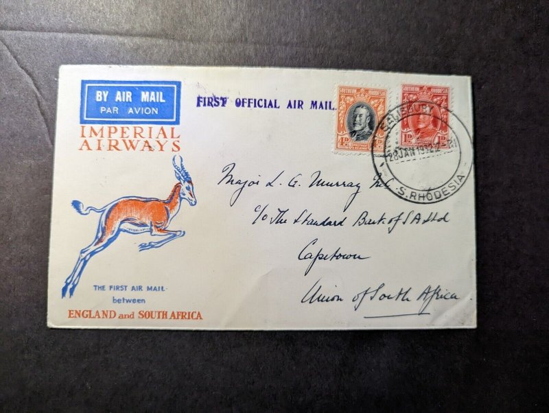 1932 S Rhodesia Airmail First Flight Cover FFC Salisbury to Capetown S Africa