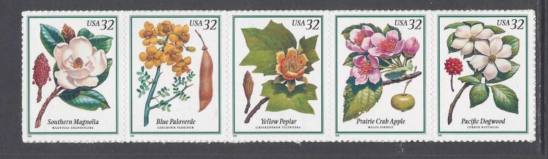 3193 97 Catalog # Strip of 5 Flowering Trees 32 Cent Magnolia Poplar Dogwood