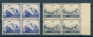 SWITZERLAND AIRPOST 1941, 30 and 40 CENTIMES IN NEVER HINGED BLOCKS OF 4