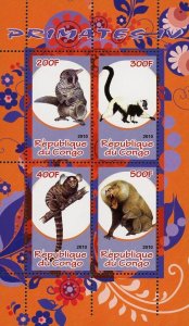 Congo Primate Monkey Tree Fauna Wild Animal Souvenir Sheet of 4 Stamps Mint NH