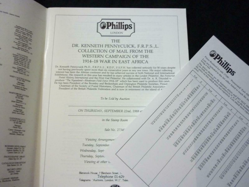 PHILLIPS AUCTION CATALOGUE 1988 MAIL FROM WAR IN EAST AFRICA 'PENNYCUICK'