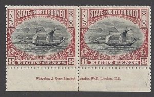 North Borneo #85 MNH pair with printers name in selvedge, sailboat, issued 1897