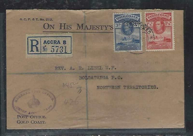 GOLD COAST (P2708B)  1947  KGVI 1 1/2D+3D REG OHMS TO BOLGATANGA PO