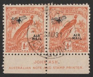 NEW GUINEA 1931 Dated Bird Airmail ½d pair with Ash imprint.