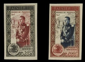 Monaco #C34-35 (YT PA49-50) Cat€27.50, 1950 Rainier, imperf. set of two, ne...