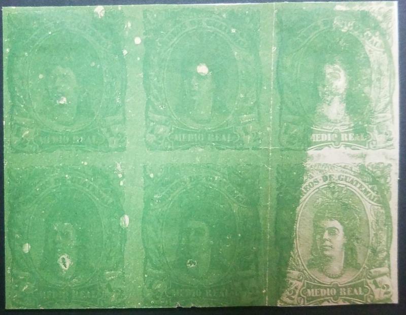 O) 1878 GUATEMALA, IMPERFORATE-BLOCK OF 6-INK PLASTE, INDIAN WOMAN SCOTT A7-MEDI 