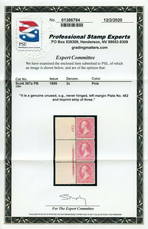 #267a PL# Imprint Strip Of 3 Mint-F-VF-OG-NH W/ PSE CERT SCV $200 (2/13 GP) 