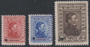 URUGUAY 1928-29 ARTIGAS Sc 371-372 & 376 FULL SET OF PERF PROOFS + SPECIMEN VF 