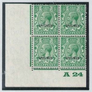 GB 1924 ½d sg418 ovpt Specimen type 23 - the unique A24 control blk of 4, 2x u