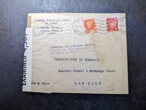 1942 Censored France WWII Civil Mail Cover Lyon to New York NY USA