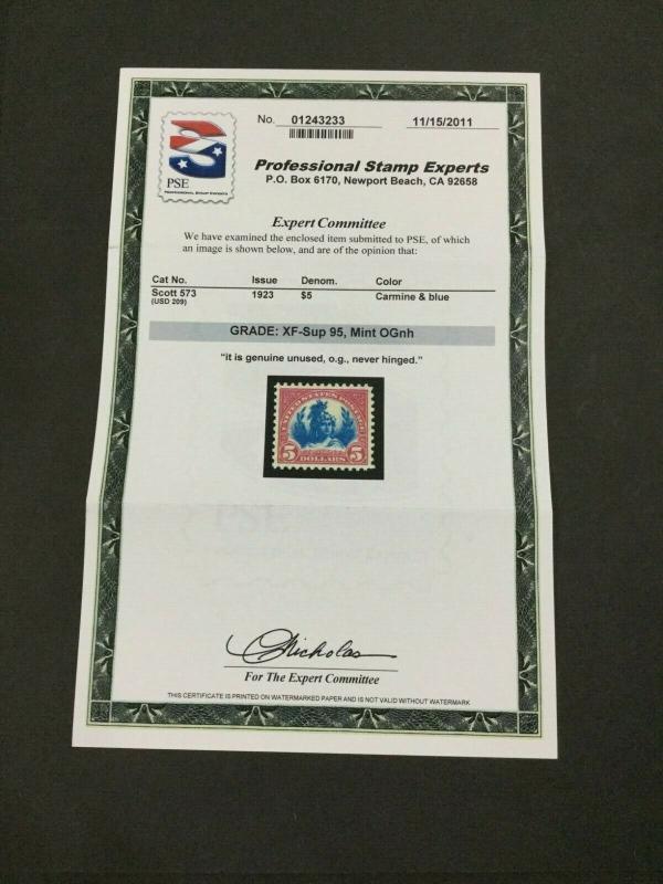 MOMEN: US STAMPS #573 MINT OG NH PSE GRADED CERT XF-SUP 95