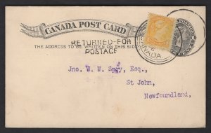 1896 Toronto to St. John, Newfoundland, shortpaid 1c for 2c postcard rate and...