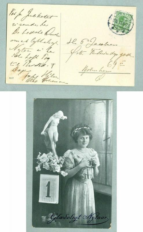 Denmark. Postcard. New Year 1915. Lady Drinking Wine. Stamp 5 Ore King Christian