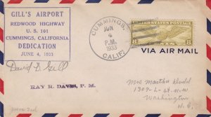 US  Airmail 1933 Dedication Gill's Airport Cummings Slogan Stamp Cover Ref 48455