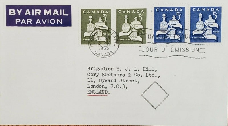 A) 1965, CANADA, CHRISTMAS, FROM OTTAWA TO LONDON-ENGLAND, FDC, AIRMAIL WITH SQU 