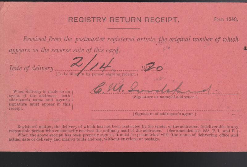 Feb 14 1920 Registry Return Receipt (Skaneateles NY) Valentines Day Cancel