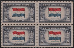 SC#913 5¢ Overrun Countries: Netherlands Block of Four (1943) MHR/Toned Gum