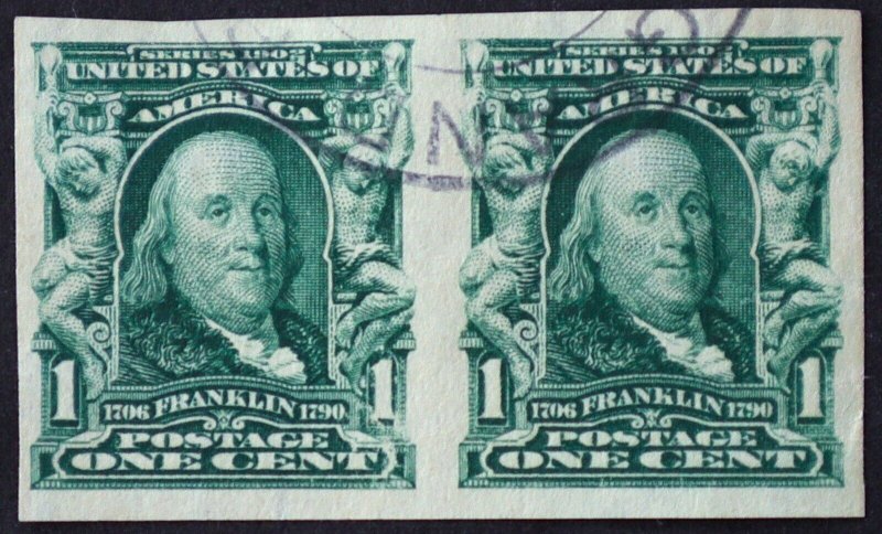 U.S. Used Stamp Scott #314 1c Franklin Pair Superb. Face-Free Cancel Scott: +$40