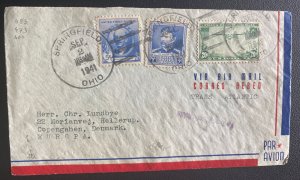 1941 Springfield OH USA Airmail Cover To Copenhagen Denmark Trans Atlantic Route