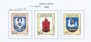 LITHUANIA - 1996 - Coats of Arms -  Perf 3v Set - M L H