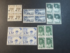 AUSTRALIAN ANTARCTIC TER. # L1-L5--MNH-COMPLETE SET OF BLOCKS OF 4---1957-59