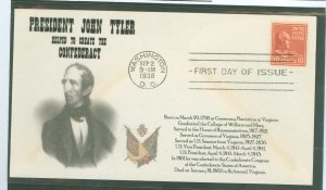 US 815 10c John Tyler (part of the 1938 Presidential defin series - Prexies) on an unaddressed FDC with a Masonic cachet