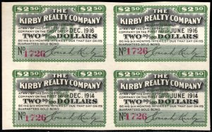 1916 The Kirby Realty Company Pay $2.50 Gold Coin Bond Coupon Block/4