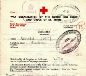 GB Channel Islands WW2 RED CROSS Message GUERNSEY Nottingham Library* 1941 MAX80