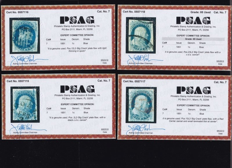 US 7 1c Franklin Cracked Plate Reconstruction VF appr w/ 4 PSAG Certs SCV $1820