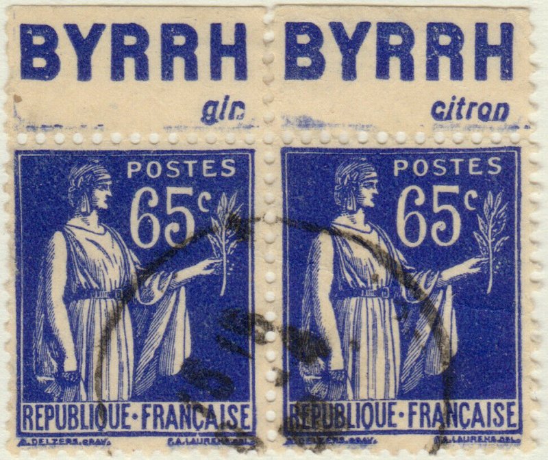 FRANCE - 1937 Pubs BYRRH (gin & citron) supérieures sur paire Yv.365b 65c Paix