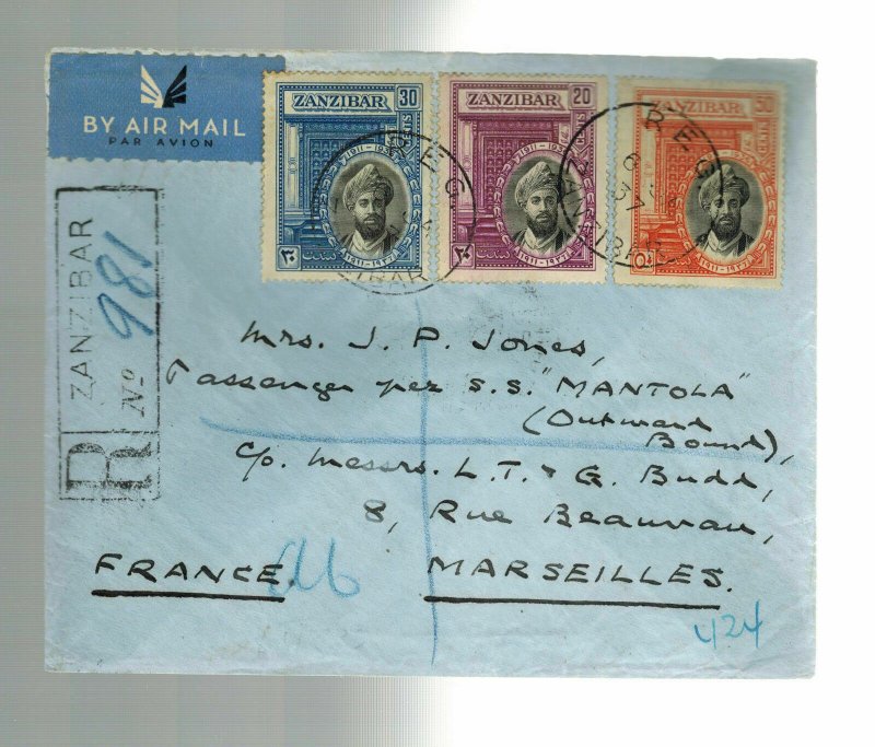 1937 Zanzibar Silver Jubilee cover set # 215-217  to France via SS Mantola Ship